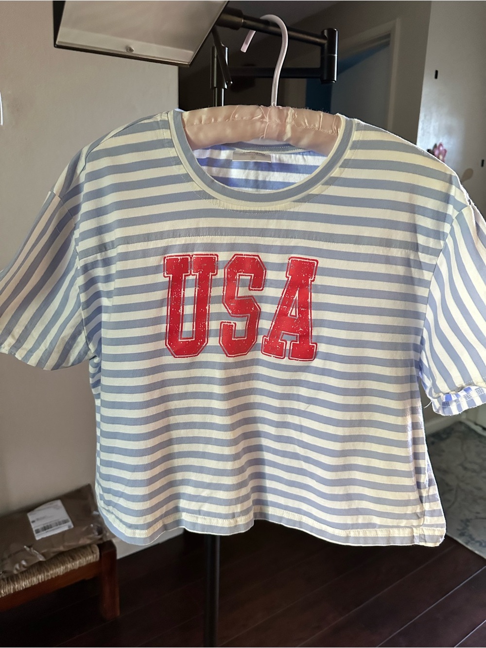 Ruby Rd. Light Blue & White Striped Tee with Red USA Applique